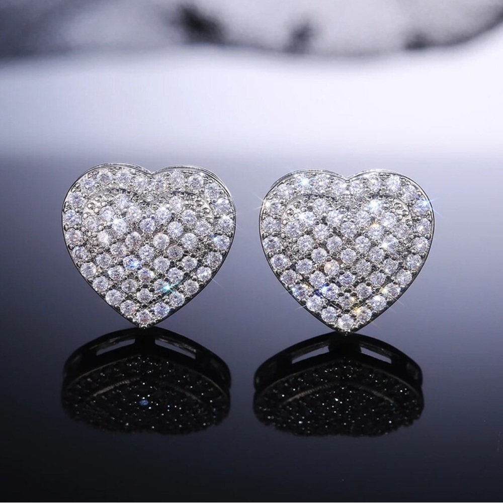 Silver Crystal Heart Stud Earrings - Picture 3 of 10